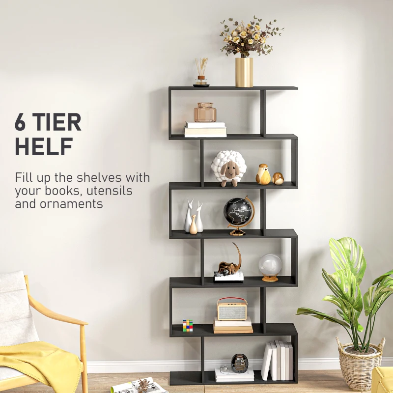 HOMCOM 76" 6-Tier Wooden Bookcase S Shaped Storage Display Shelf Modern Bookshelf Open Concept Living Room Home Office Furniture, Black
