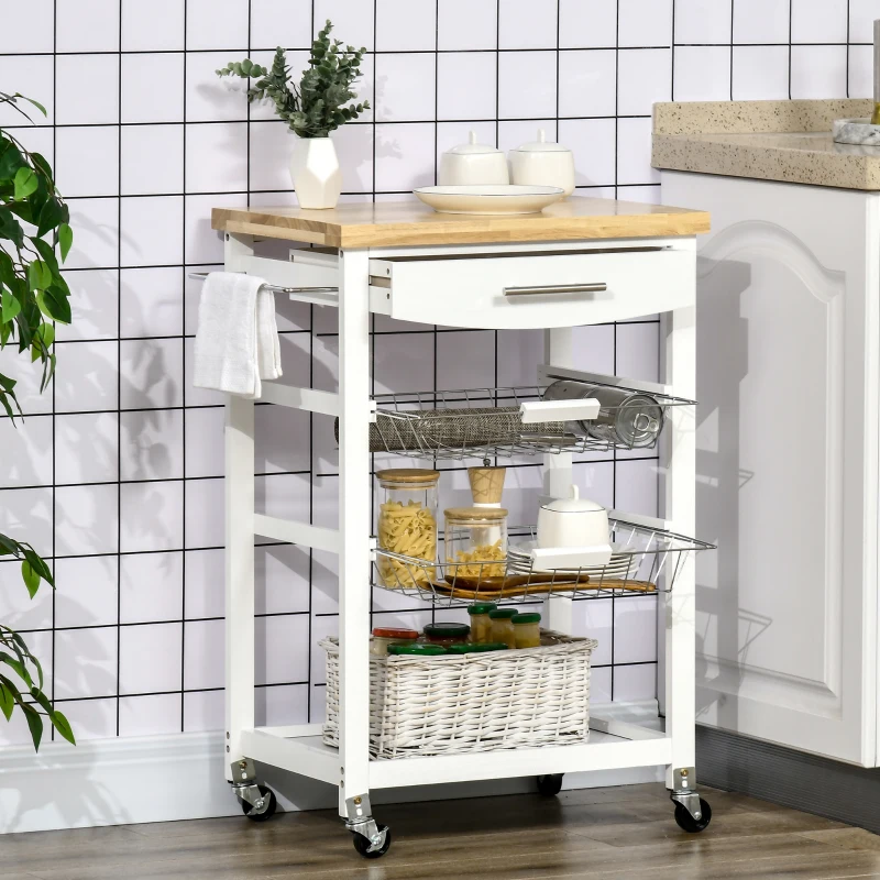 HOMCOM 3-Tier Utility Kitchen Cart with Handle Bar, Steel Basket Rolling Kitchen Island, Food Storage Service Trolley with Wheels, Rubber Wood Top (White)