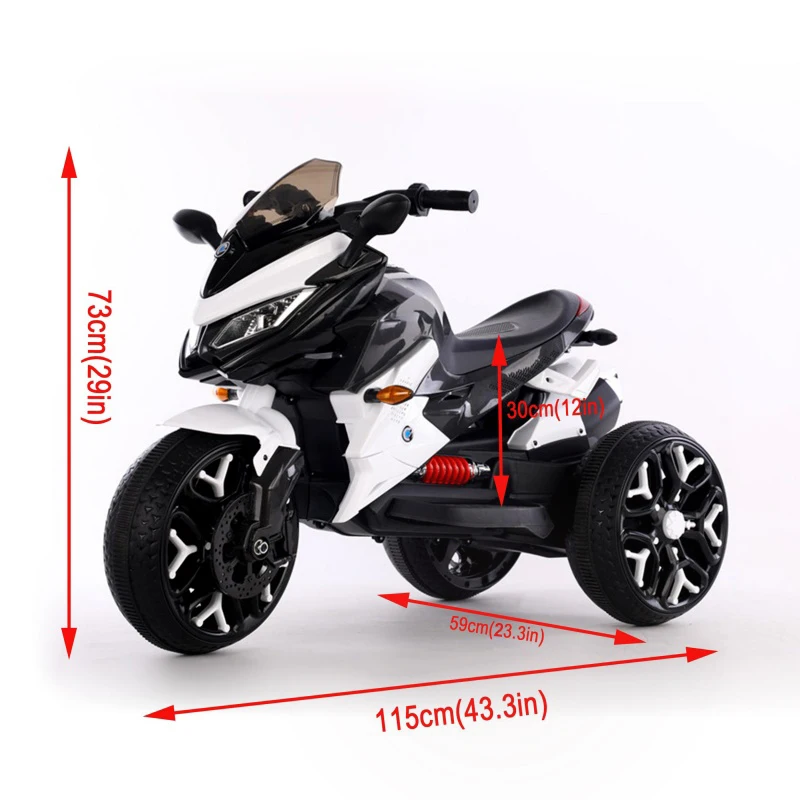 3-Wheel 12V Kids Electric Ride-On Motorcycle with Training Wheels and Headlight, Motorbike with MP3/USB, 43.5'' L x 23.5'' W x 29'' H, White