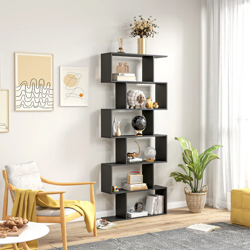 HOMCOM 76" 6-Tier Wooden Bookcase S Shaped Storage Display Shelf Modern Bookshelf Open Concept Living Room Home Office Furniture, Black
