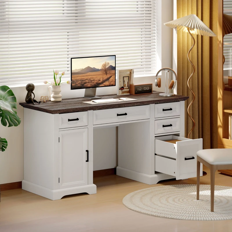 HOMCOM 58" Home Office Desk with Soft-Close Drawers, Farmhouse Executive Desk with File Drawer for Letter Size, White