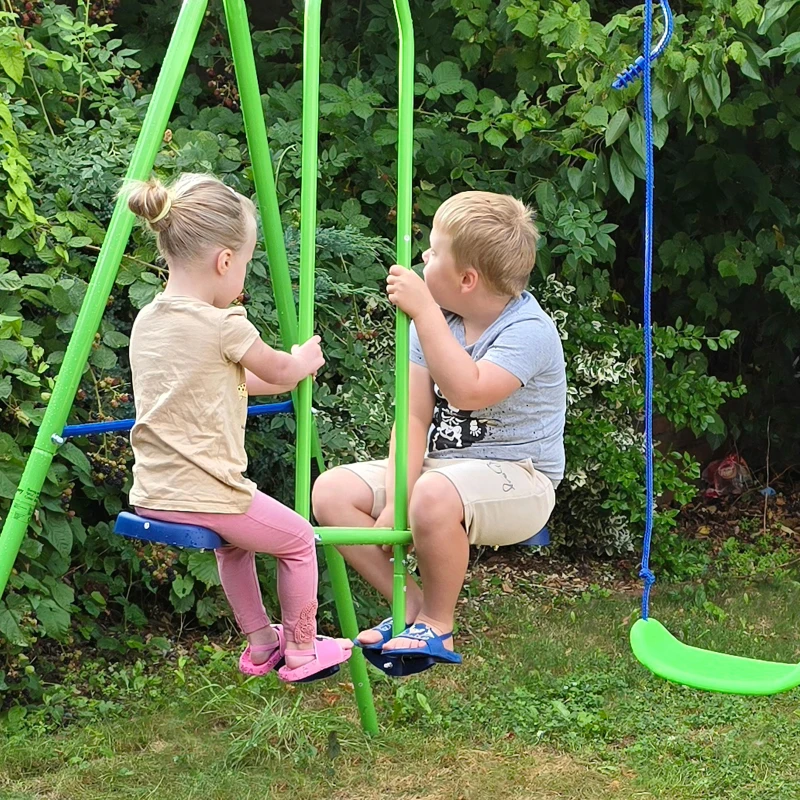 Outsunny Metal Swing Set with Glider, Two Swing Seats and Adjustable Height, Outdoor Heavy Duty A-Frame Suitable for Playground, Backyard, Green