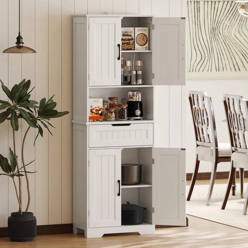 HOMCOM Kitchen Buffet with Hutch, 68" Tall Kitchen Pantry Cabinet with Small Open Counter, 4 Doors, Drawer, White