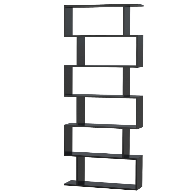 HOMCOM 76" 6-Tier Wooden Bookcase S Shaped Storage Display Shelf Modern Bookshelf Open Concept Living Room Home Office Furniture, Black