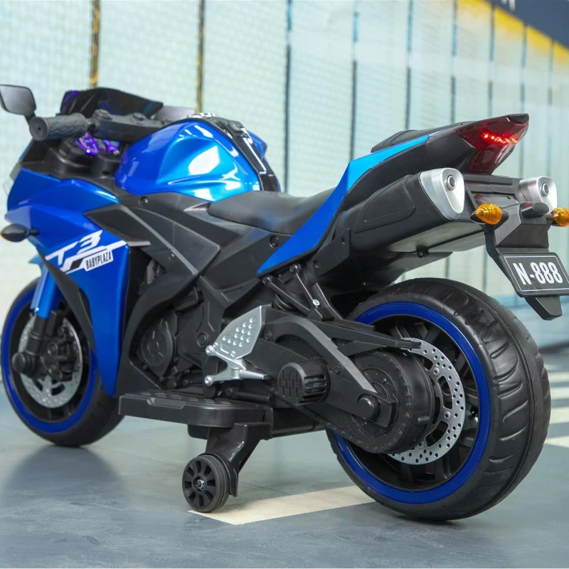 12V Kids Electric Ride-On Motorcycle with Training Wheels and Headlight, Motorbike with MP3 and Light-Up Wheels, 46" L x 20" W x 26" H, Blue