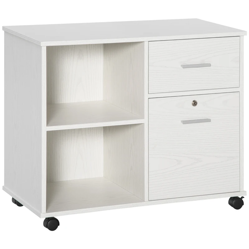 Vinsetto Lateral Filing Cabinet with Wheels, Locking File Cabinet, Mobile Printer Stand with Open Shelves and Drawers for A4 Size Documents, White