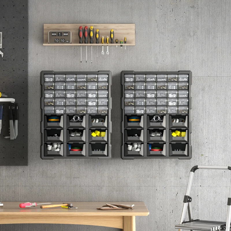DURHAND Plastic 39 Drawer Parts Organiser Wall Mount Storage Cabinet for Small Nuts Bolts Tool Set of 2 Black