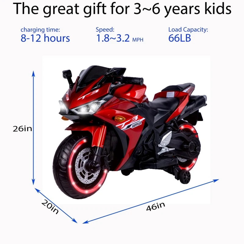 12V Ride-On Motorcycle for Ages 3-8 with Training Wheels and Headlight, Motorbike with MP3 and Light-Up Wheels, 46" L x 20" W x 26" H, Red