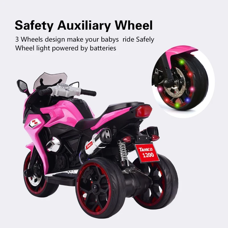 12V Kids Electric Ride-On Motorcycle with LED Headlight and Lighting Wheels, Motorbike Perfect for Ages 3–6, 41.5" L x 18" W x 25" H, Pink