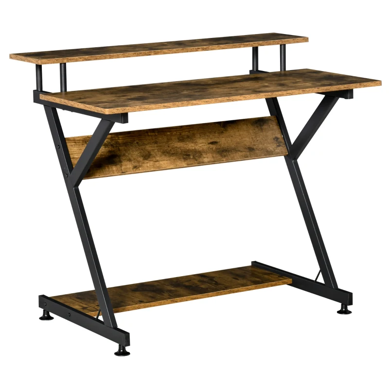 HOMCOM 39" Compact Computer Desk, Industrial Z-Shaped Writing Desk with Monitor Shelf and Storage, Workstation for Home Office