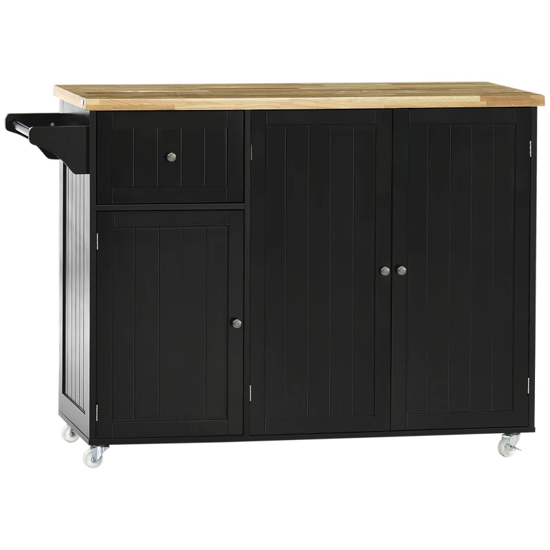 HOMCOM Rolling Kitchen Island with Storage, Utility Kitchen Island Cart with Drawer, Cabinets, Towel Rack and Rubber Wood Top