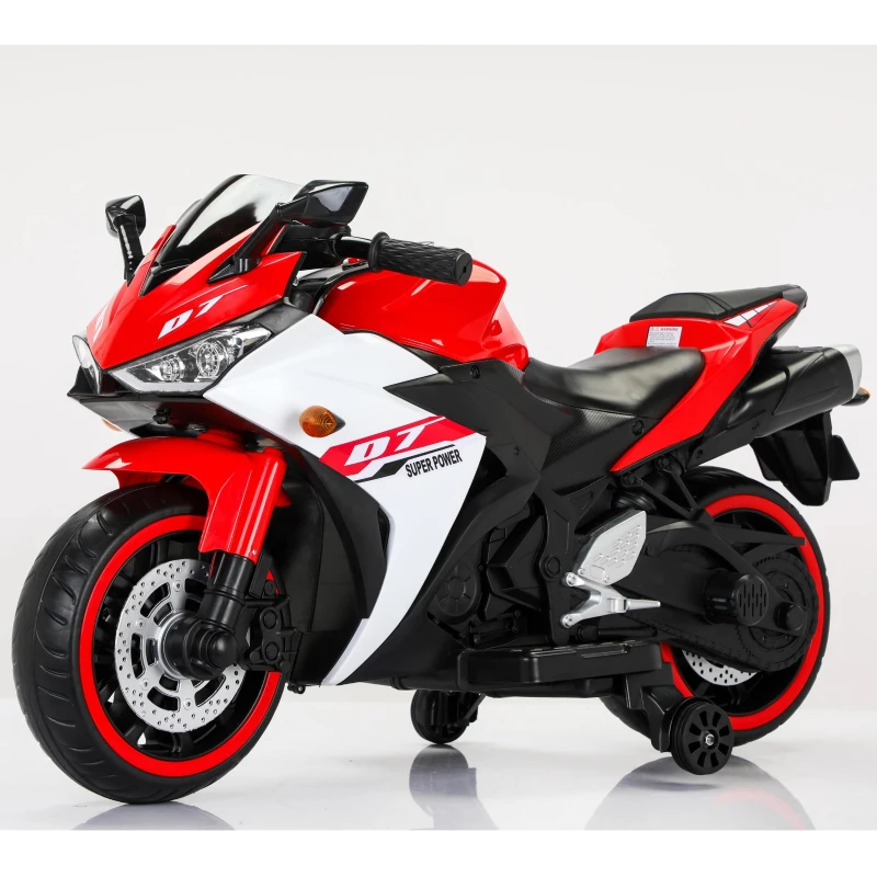 12V Kids Electric Ride-On Motorcycle with Training Wheels and Headlight, Motorbike with MP3 and Light-Up Wheels, 46" L x 20" W x 26" H, Red