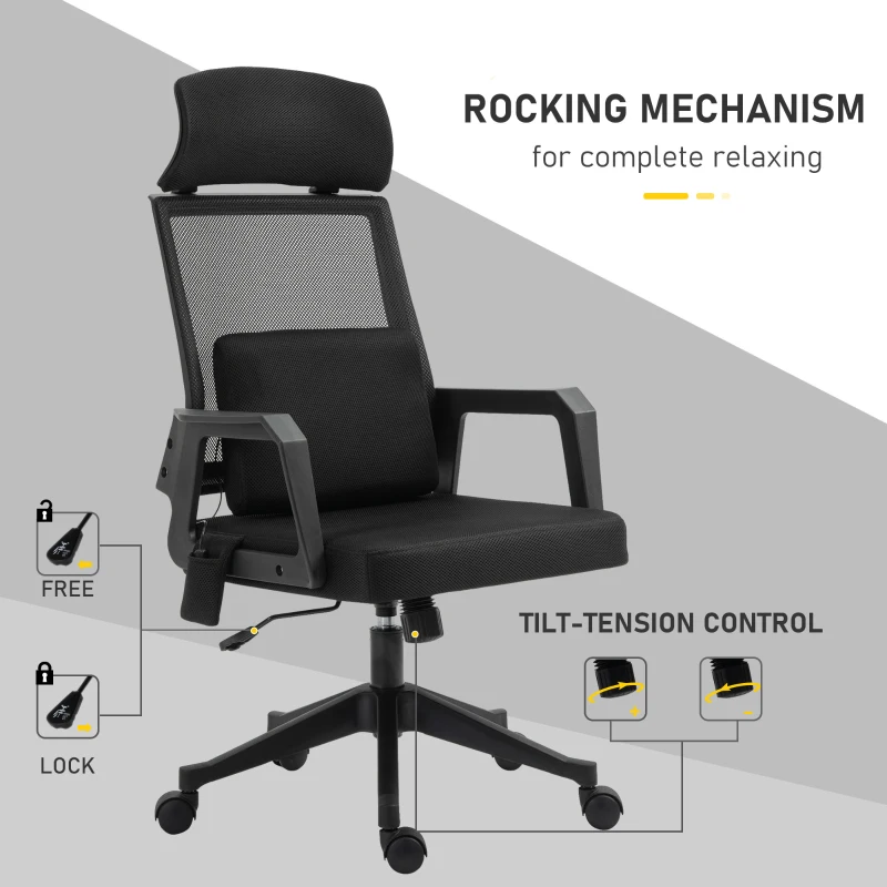 Vinsetto Office Chair High Back Mesh Desk Chair with 2-Point Vibration Massage Lumbar Support Pillow, Headrest, Ergonomic Swivel Back
