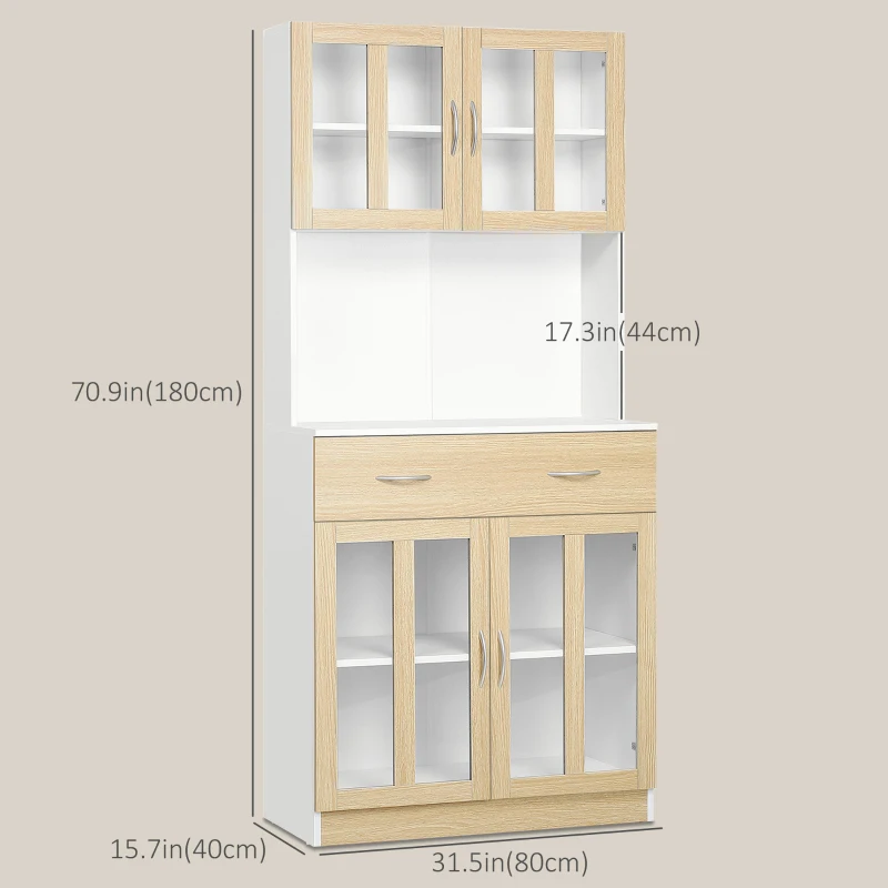 HOMCOM 71" Kitchen Buffet with Hutch, Freestanding Pantry Cupboard with Central Drawer, 2 Glass Door Cabinets and Countertop, White