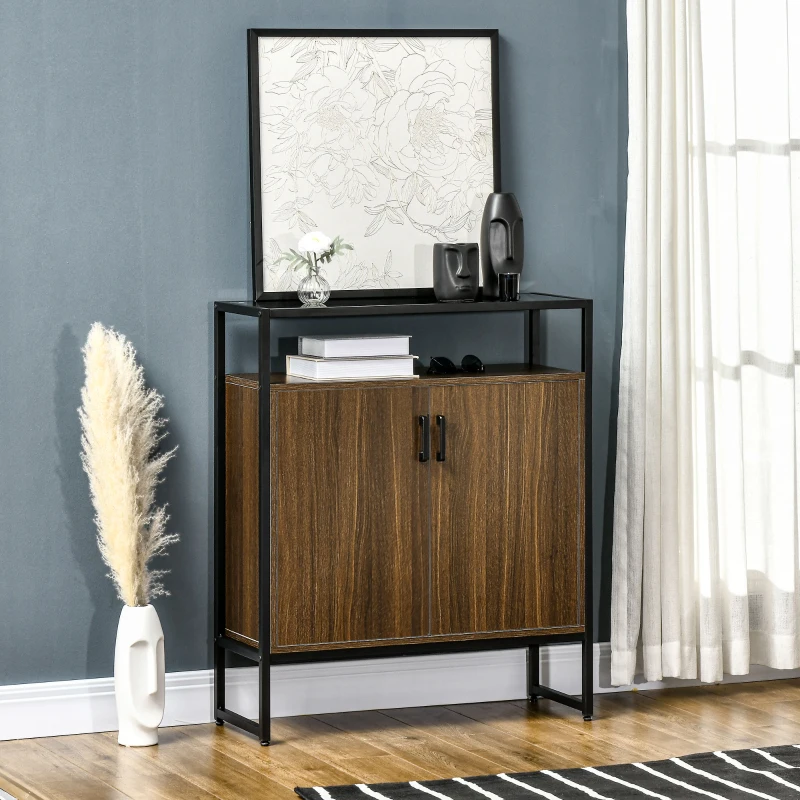 HOMCOM Buffet Cabinet, Glass Tabletop Accent Sideboard with Storage Cabinet and Open Shelf, Console Table for Living Room, Kitchen, Entryway, Brown