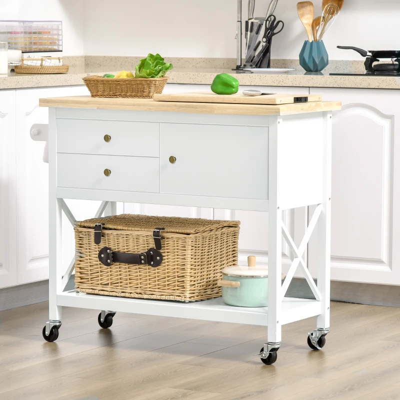 HOMCOM Utility Kitchen Cart Rolling Kitchen Island Storage Trolley with Rubberwood Top, 2 Drawers, Towel Rack, White