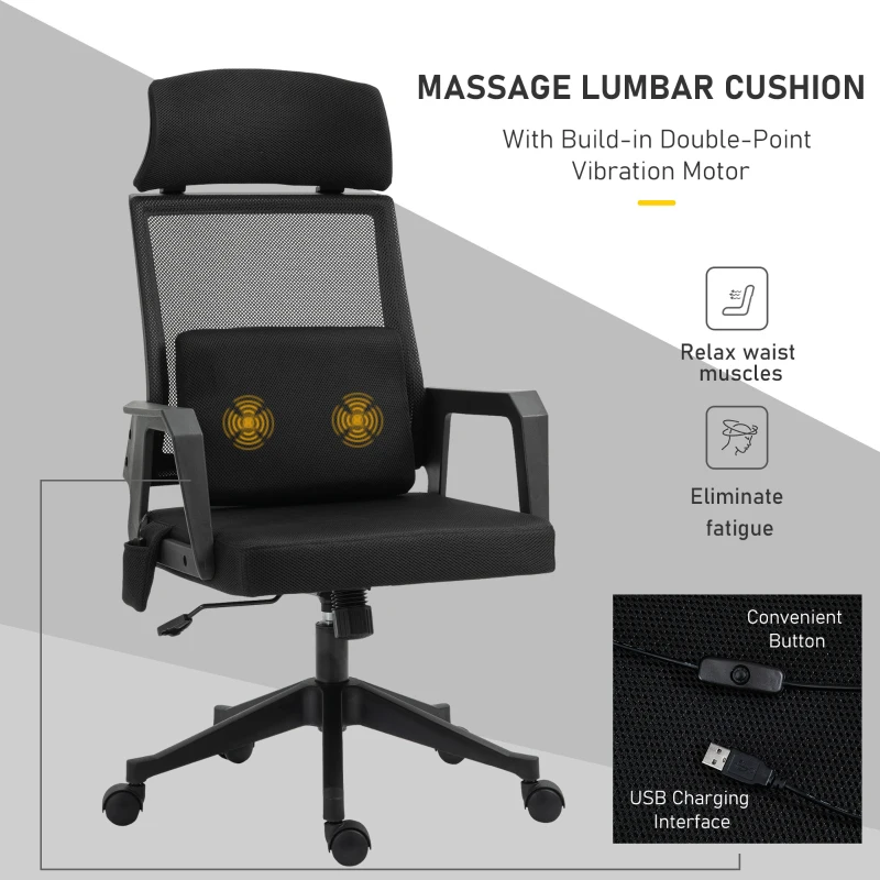 Vinsetto Office Chair High Back Mesh Desk Chair with 2-Point Vibration Massage Lumbar Support Pillow, Headrest, Ergonomic Swivel Back