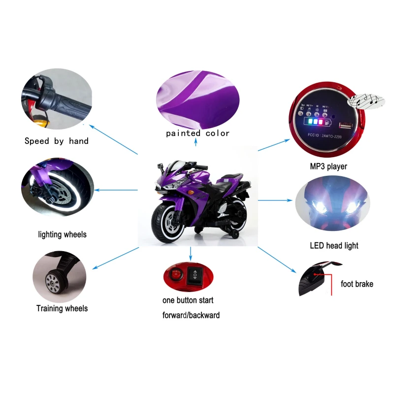 12V Ride-On Motorcycle for Ages 3-6 with Training Wheels and Headlight, Motorbike with MP3 and Light-Up Wheels, 46" L x 20" W x 26" H, Purple