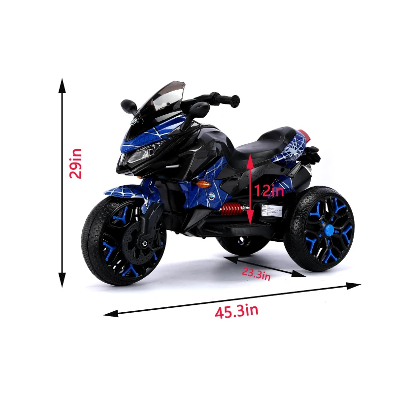 3-Wheel 12V Kids Electric Ride-On Motorcycle with Training Wheels and Headlight, Motorbike with MP3/USB, 43.5'' L x 23.5'' W x 29'' H, Blue