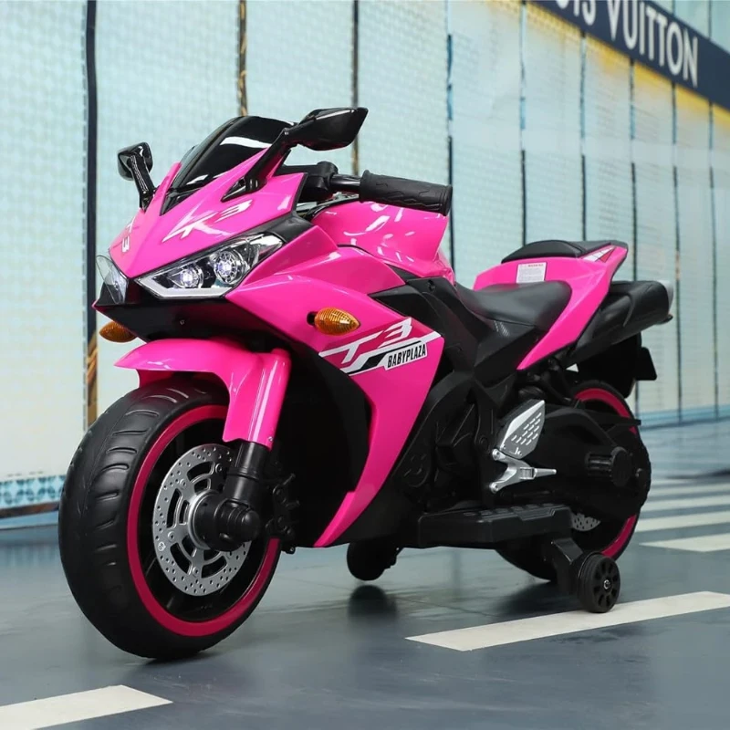 12V Kids Electric Ride-On Motorcycle with Training Wheels and Headlight, Motorbike with MP3 and Light-Up Wheels, 46" L x 20" W x 26" H, Pink