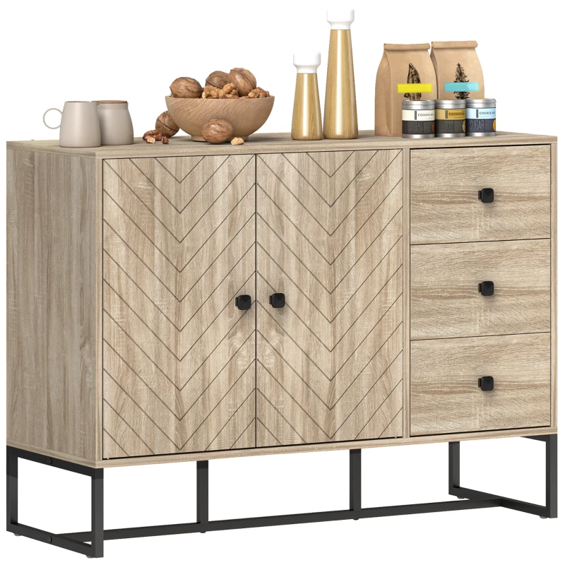 HOMCOM Modern Sideboard, 42.5" Buffet Cabinet with Adjustable Shelves and 3 Drawers, Coffee Bar Cabinet with 2 Doors, Oak
