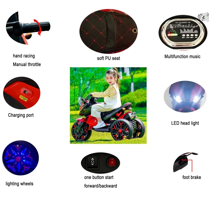 12V Kids Electric 3-Wheel Ride-On Motorcycle with Dual Motors, Manual Throttle, Motorbike for Ages 3-5, 43.5″ L x 23.5″ W x 29″ H, Red