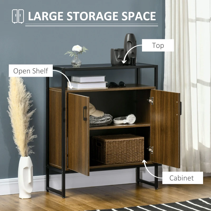 HOMCOM Buffet Cabinet, Glass Tabletop Accent Sideboard with Storage Cabinet and Open Shelf, Console Table for Living Room, Kitchen, Entryway, Brown