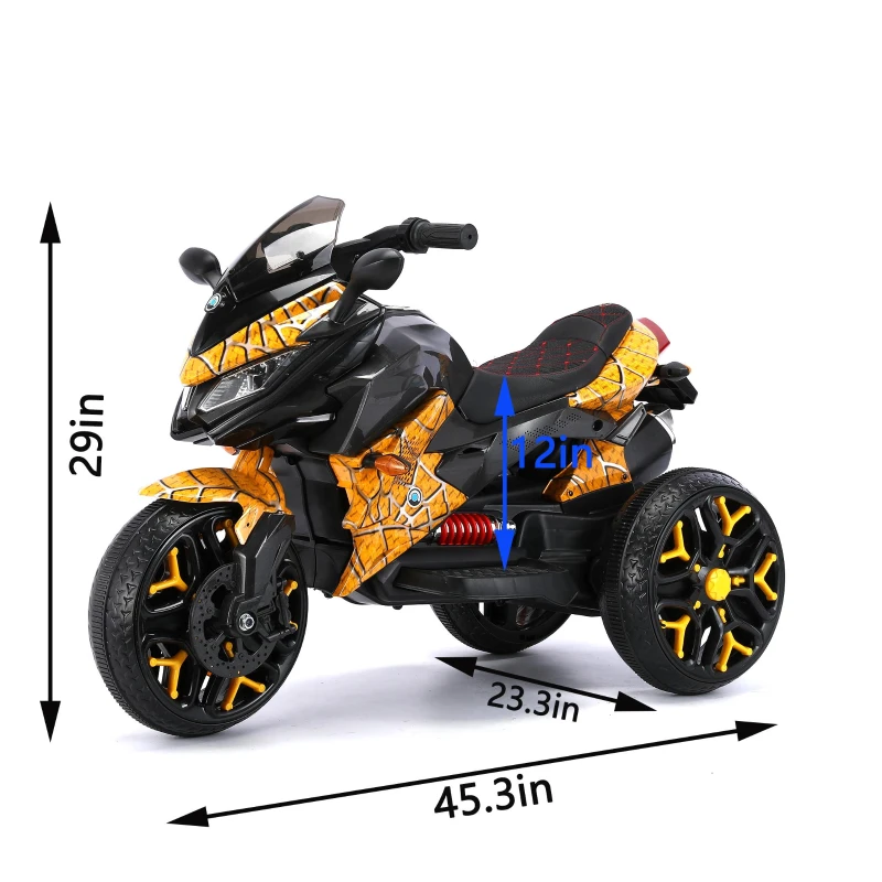 3-Wheel 12V Kids Electric Ride-On Motorcycle with Training Wheels and Headlight, Motorbike with MP3/USB, 43.5'' L x 23.5'' W x 29'' H, Yellow