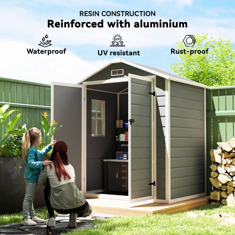 Outsunny 6x4.5 Outdoor Storage Shed, Lockable Tool Shed with Double Doors, Vent and Window for Garden, Cottage Style, Family Use, Gray