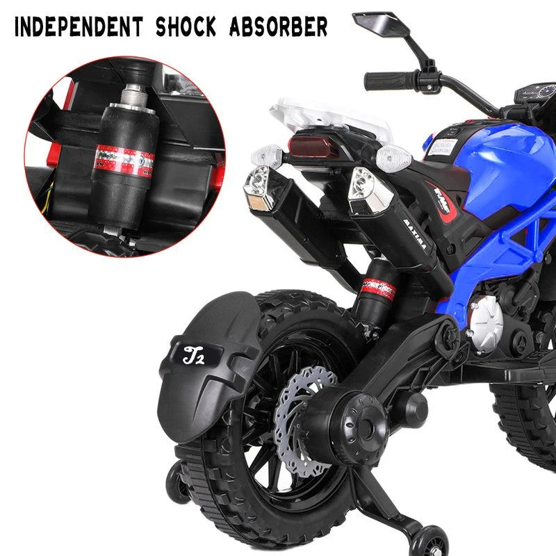 12V Kids Electric Motorcycle Ride-On with Training Wheels, Hand Throttle & Foot Brake, Motorbike for Ages 3-6, 40.5″ L x 21.5″ W x 27″ H, Blue