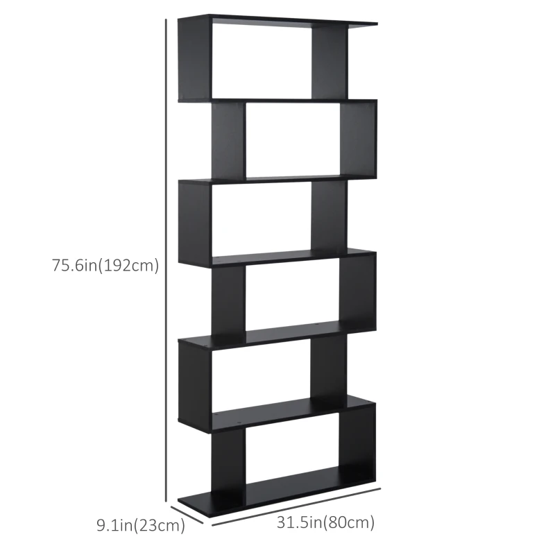 HOMCOM 76" 6-Tier Wooden Bookcase S Shaped Storage Display Shelf Modern Bookshelf Open Concept Living Room Home Office Furniture, Black
