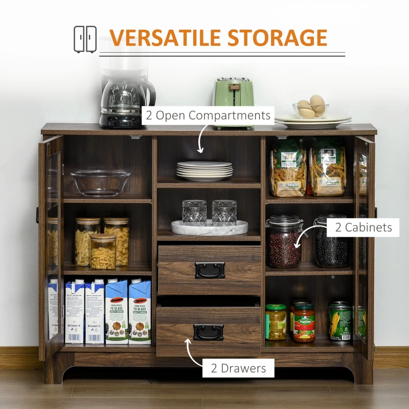 HOMCOM Sideboard Storage Cabinet Kitchen Cupboard Buffet Server with Glass Doors, 2 Drawers & Adjustable Shelves for Living Room, Walnut