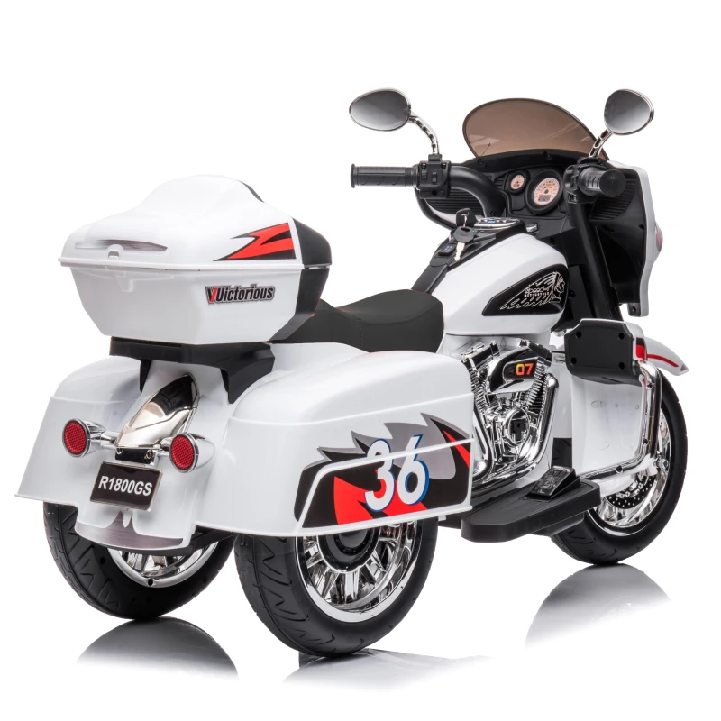 2-Seat 12V Kids Electric Ride-On Motorcycle with Storage Trunk, 3-Wheel Motorbike with MP3 and Bluetooth, 43.5'' L x 19'' W x 26.5'' H, White