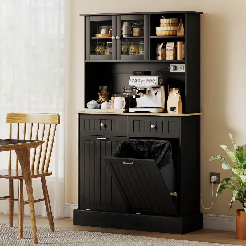 HOMCOM Kitchen Cabinet with Charging Station, 2 Tilt Out Cabinets, Microwave Stand, Freestanding Kitchen Pantry Cabinet, Black