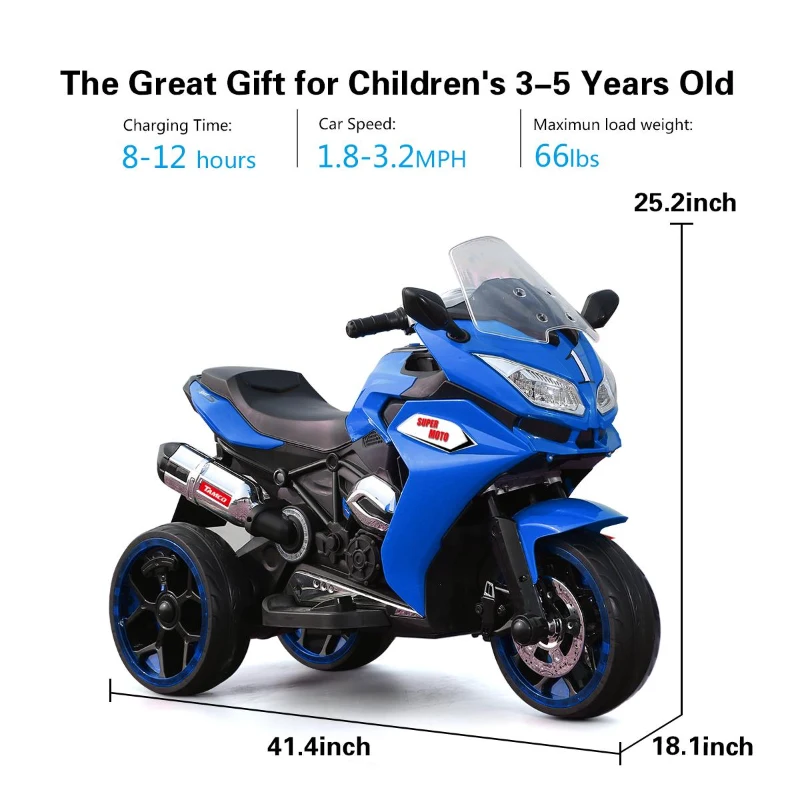 12V Kids Electric Ride-On Motorcycle with LED Lighted Wheels and Bluetooth MP3, Motorbike Perfect for Ages 3–6, 41.5" L x 18" W x 25" H, Blue