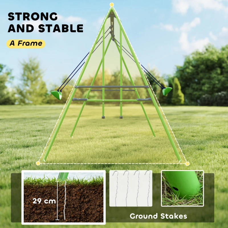 Outsunny Metal Swing Set with Glider, Two Swing Seats and Adjustable Height, Outdoor Heavy Duty A-Frame Suitable for Playground, Backyard, Green