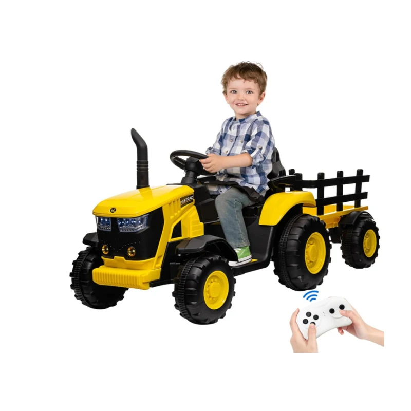 12V Battery-Powered Ride-On Tractor with Parental Remote and Child Pedal Drive, Farm Truck for Toddlers, 63" L x 25.5" W x 27" H, Yellow