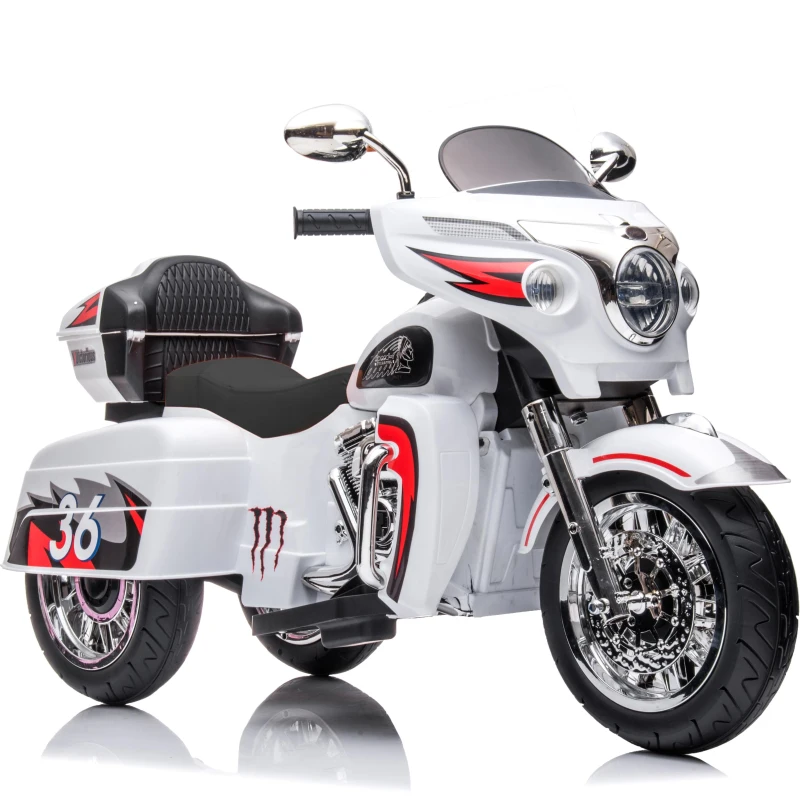 2-Seat 12V Kids Electric Ride-On Motorcycle with Storage Trunk, 3-Wheel Motorbike with MP3 and Bluetooth, 43.5'' L x 19'' W x 26.5'' H, White