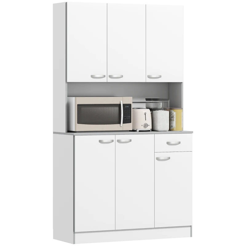HOMCOM 71" Modern Buffet with Hutch, Standing Kitchen Hutch with Storage Cabinets, Drawer, Open Space with Microwave Stand, White
