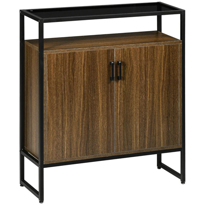 HOMCOM Buffet Cabinet, Glass Tabletop Accent Sideboard with Storage Cabinet and Open Shelf, Console Table for Living Room, Kitchen, Entryway, Brown