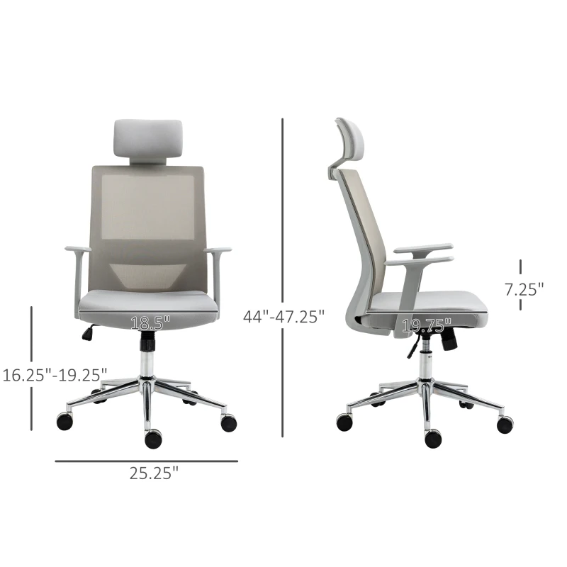 Vinsetto High Back Office Chair Swivel Task Chair with Lumbar Back Support, Breathable Mesh, and Adjustable Height, Headrest, Grey