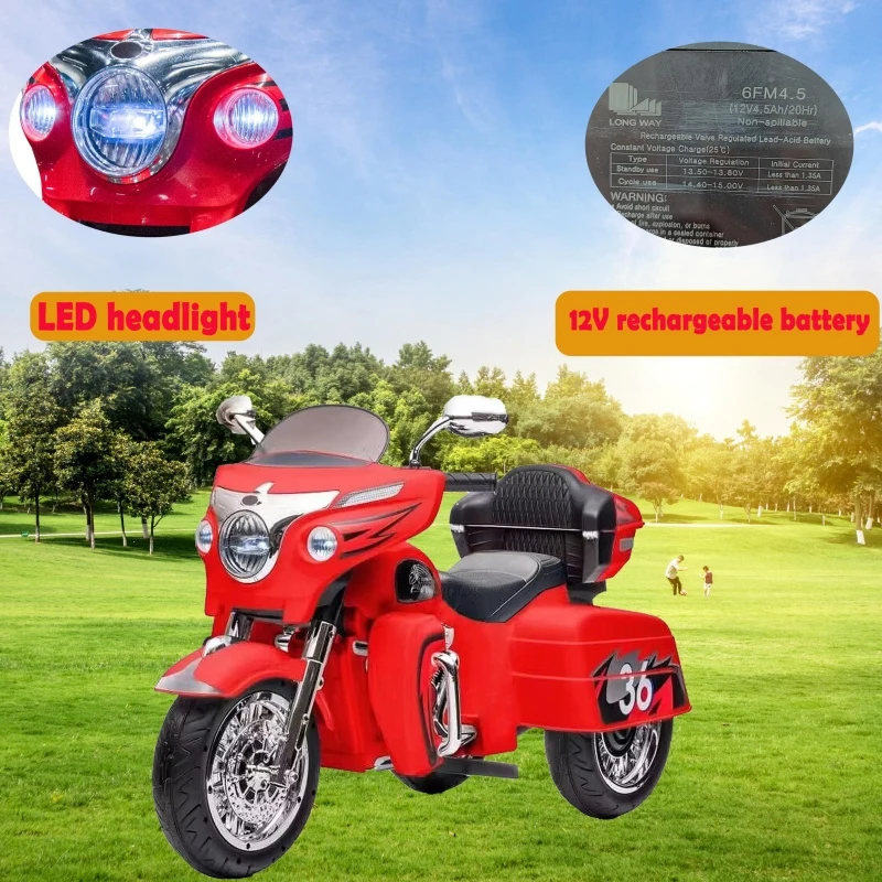 2-Seat 12V Kids Electric Ride-On Motorcycle with Storage Trunk, 3-Wheel Motorbike with MP3 and Bluetooth, 43.5'' L x 19'' W x 26.5'' H, Red