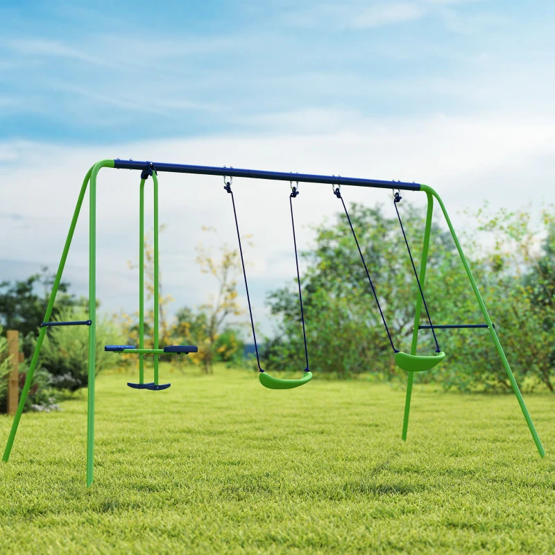 Outsunny Metal Swing Set with Glider, Two Swing Seats and Adjustable Height, Outdoor Heavy Duty A-Frame Suitable for Playground, Backyard, Green