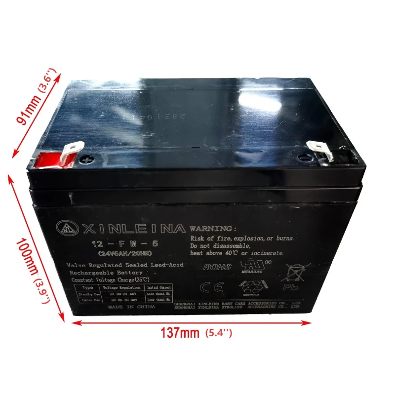 24V 5Ah Replacement Battery for Kids Ride-On Car, Valve-Regulated Sealed Lead-Acid for High-Rate Discharge, 5.5'' L x 3.5'' W x 4'' H, Black