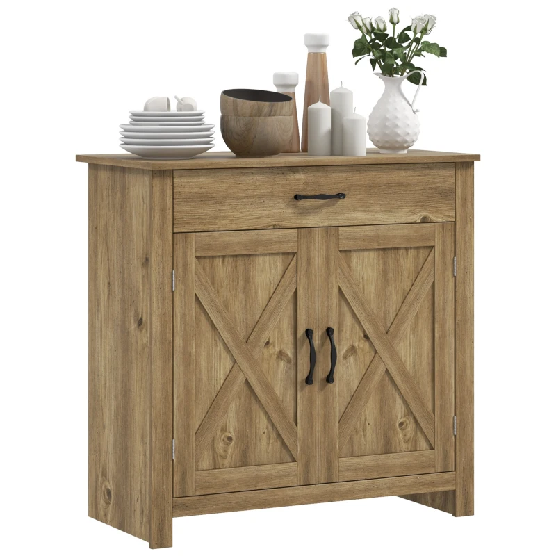 HOMCOM Farmhouse Sideboard Buffet Cabinet, Storage Cabinet with Barn Doors, Nature Wood