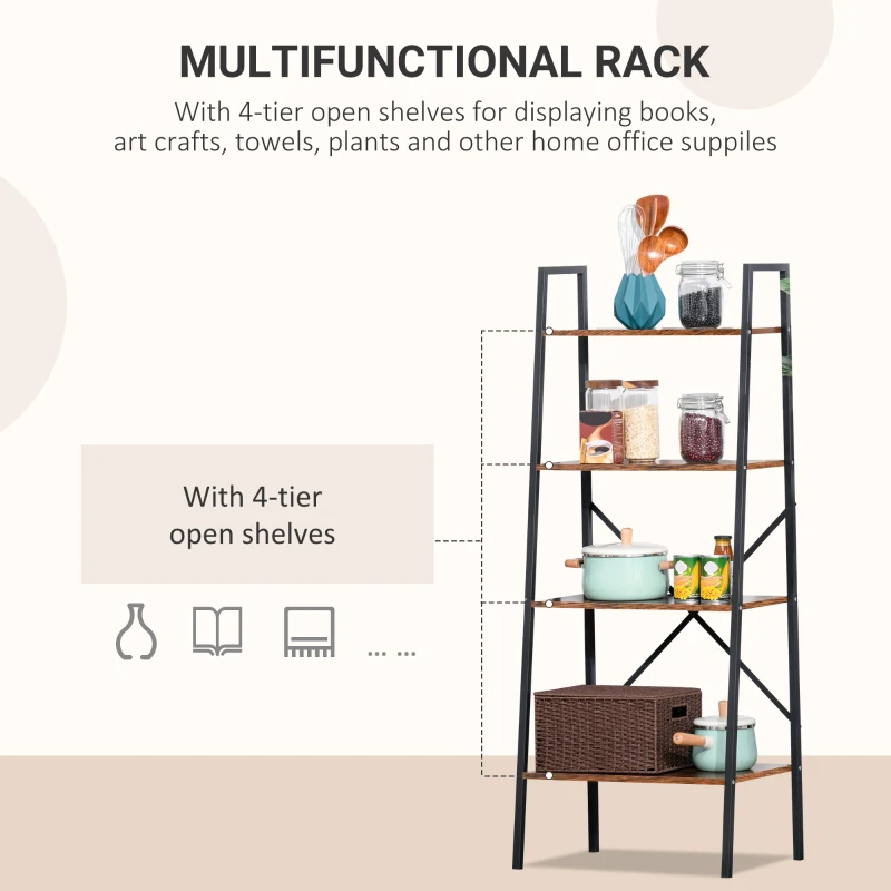HOMCOM 4-Tier Vintage Ladder Shelf Bookcase Storage Rack Home Office Organizer with Open Display Shelf
