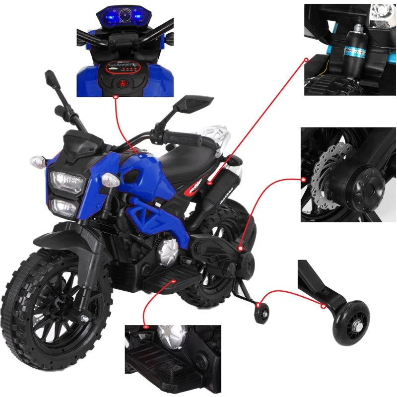 12V Kids Electric Motorcycle Ride-On with Training Wheels, Hand Throttle & Foot Brake, Motorbike for Ages 3-6, 40.5″ L x 21.5″ W x 27″ H, Blue