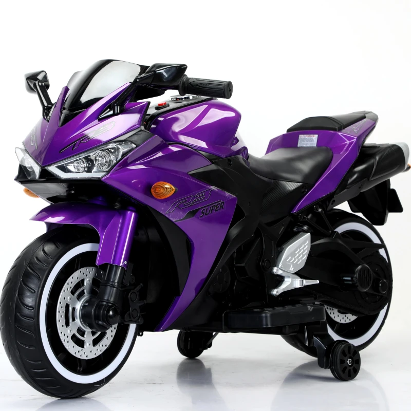 12V Ride-On Motorcycle for Ages 3-6 with Training Wheels and Headlight, Motorbike with MP3 and Light-Up Wheels, 46" L x 20" W x 26" H, Purple