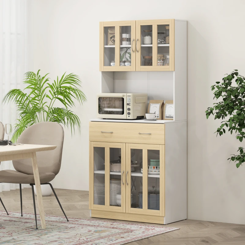 HOMCOM 71" Kitchen Buffet with Hutch, Freestanding Pantry Cupboard with Central Drawer, 2 Glass Door Cabinets and Countertop, White