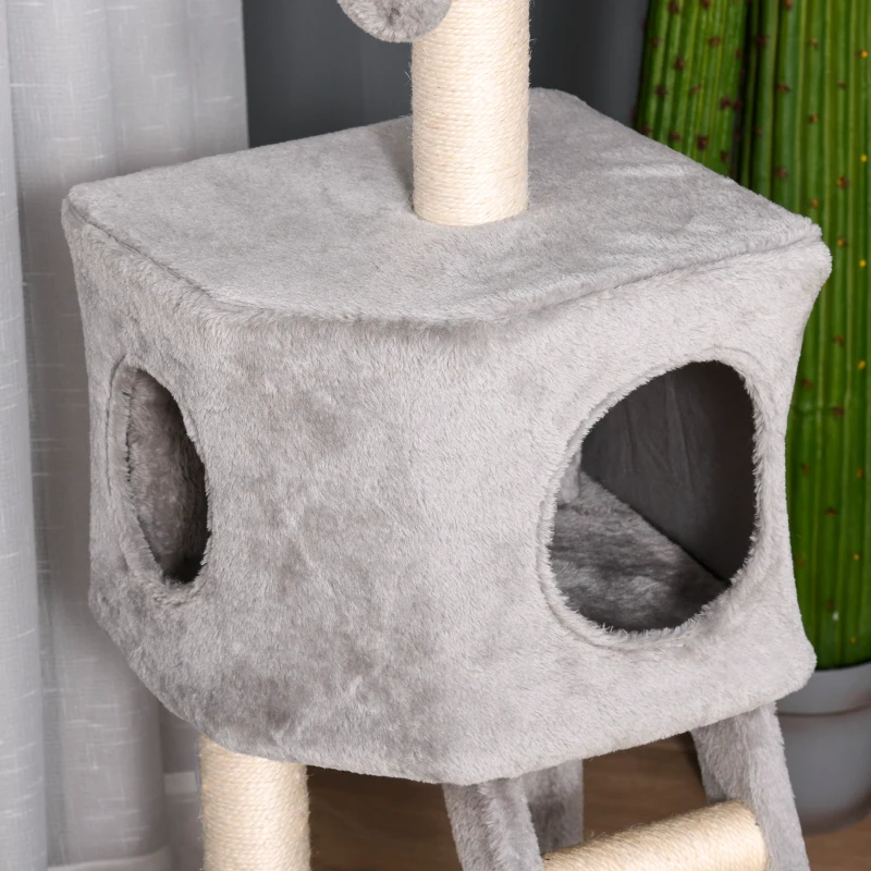 PawHut 47" Tall Cat Tree Tower with Condo, Ladder, Scratching Posts and Hanging Ball, Light Grey